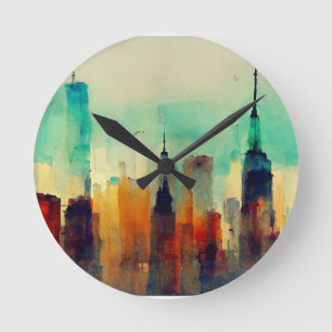 Horloge Ronde New York City Sky Line - Couleur de l'eau