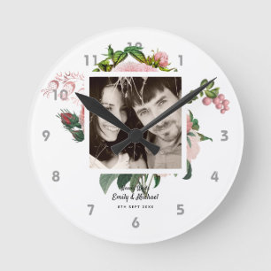 Horloge Ronde Newlywed Blush Pink Roses Botanical Floral