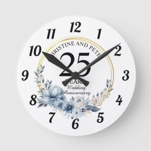 Horloge Ronde N'importe quel Mariage Elégant Blue Floral Anniver