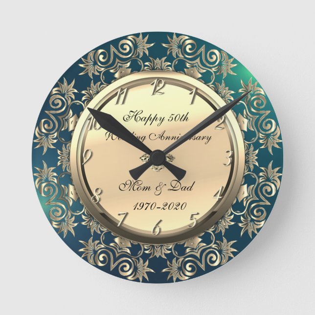 Horloge Ronde Noces de diamant vert Gold Swirls 50e anniversaire (Recto)