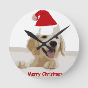 Horloge Ronde Noël de Golden Retriever avec Santa Hat