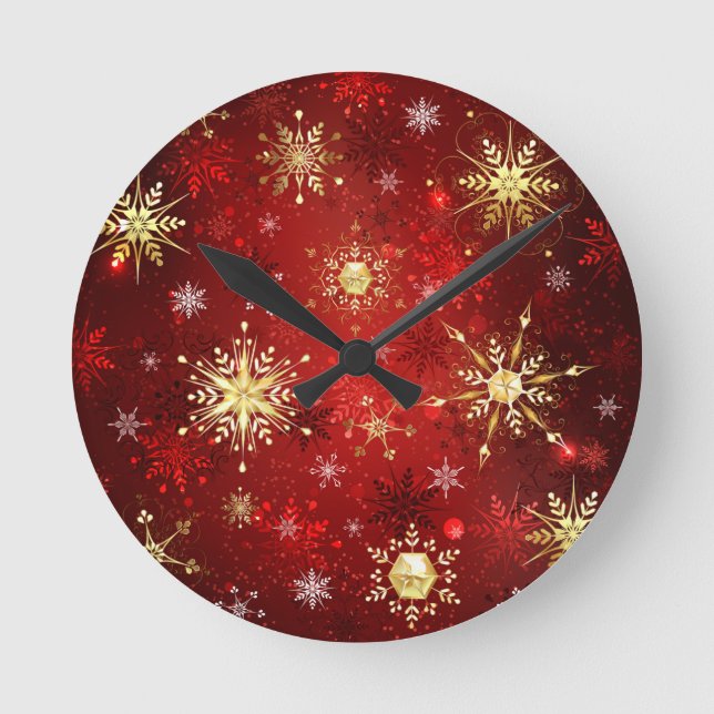 Horloge Ronde Noël Golden Snowflakes sur Arrière - plan rouge (Recto)