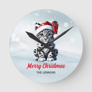 Horloge Ronde Noël Neige Père Noël mignonne Neige Leopard Cub