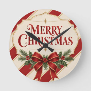 Horloge Ronde Noël rayé, style de vœux de Joyeux Noël
