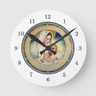 Horloge Ronde Noël religieux vintage, la Vierge et l'Enfant