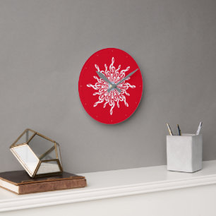 Horloge Ronde Noël Rouge ornemental Treble Clé Flocon de neige