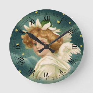 Horloge Ronde Noël vintage, ange victorien avec étoiles dorées