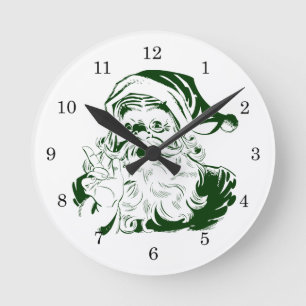 Horloge Ronde Noël Vintage, Jolly Santa Claus vert
