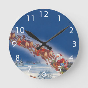 Horloge Ronde Noël vintage, Père Noël volant avec son traîneau e