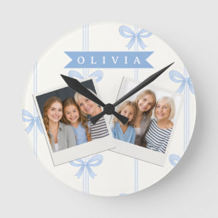 Horloge Ronde Nœud Bleu Personnalisé Coquette Nom Esthétique
