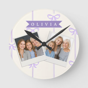 Horloge Ronde Nœud Coquette Personnalisé Nom Esthétique Féminin