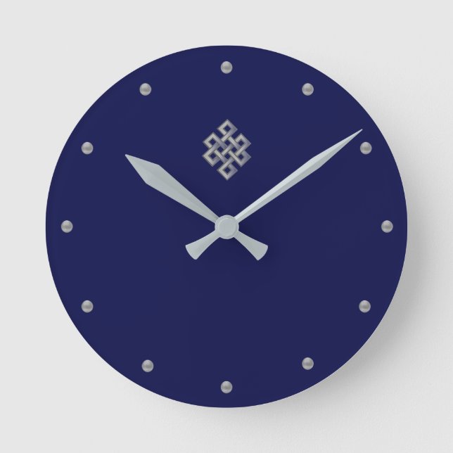 Horloge Ronde Nœud infini gris argent élégant sur fond bleu mari (Recto)