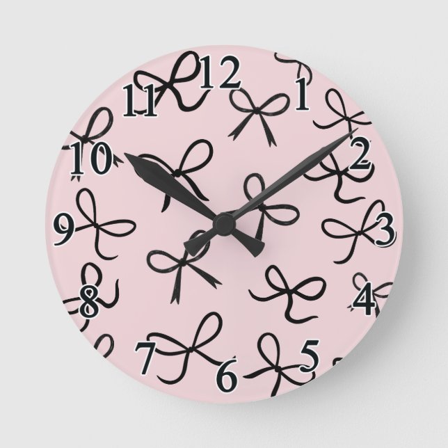 Horloge Ronde Nœuds Noirs Mignons et Tendance Rose (Recto)