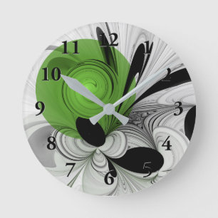 Horloge Ronde Noir Abstrait et blanc avec art fractal vert