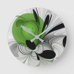 Horloge Ronde Noir Abstrait et blanc avec art fractal vert