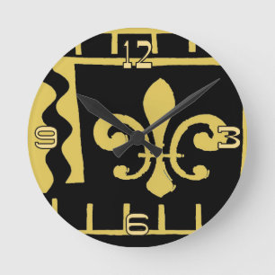 Horloge Ronde Noir abstrait et Gold Fleur De Lis