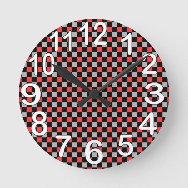 Horloge Ronde Noir blanc et rouge à damiers (Recto)