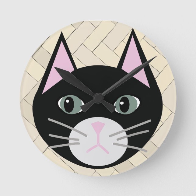 Horloge Ronde Noir Chat Herringbone Beige (Recto)