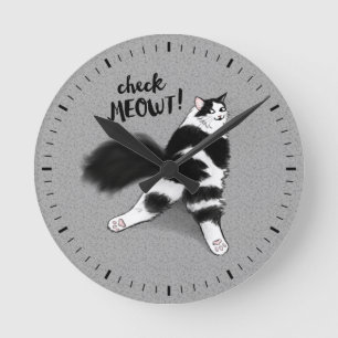 Horloge Ronde Noir et blanc Chat Check Meowt Funny