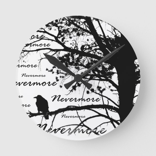 Horloge Ronde Noir et blanc Nevermore Raven Silhouette (Recto)