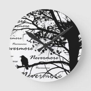Horloge Ronde Noir et blanc Nevermore Raven Silhouette