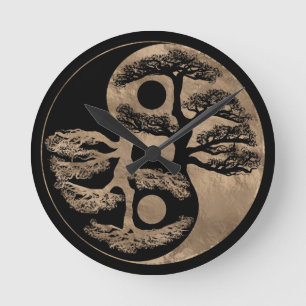 Horloge Ronde Noir et or d'arbre de Yin Yang