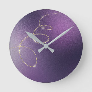 Horloge Ronde Noir Faux Gold Purple Crystal Frozen Infinité