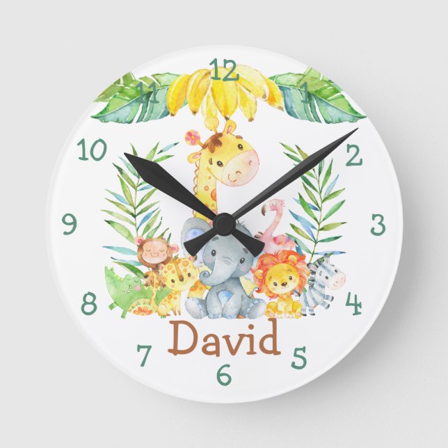 Horloge Ronde Nom bébé personnalisé Nursery Jungle Safari mignon (Recto)