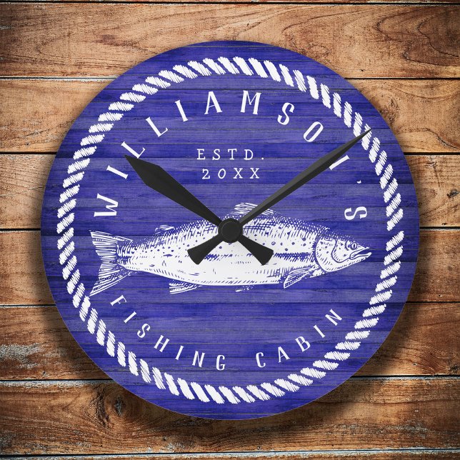 Horloge Ronde Nom de famille du Cabine de pêche Wood Navy bleu R (Créateur téléchargé)