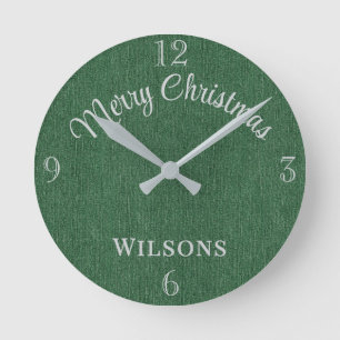 Horloge Ronde Nom de famille Joyeux Noël Vert Denim Imprimé 8 po