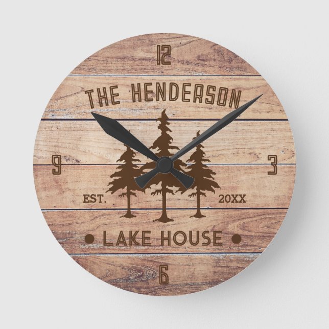 Horloge Ronde Nom de famille Lake House Pine Tree bois Personnal (Recto)