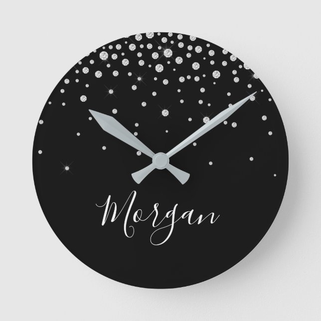 Horloge Ronde Nom DIY Écriture Blanche & Diamants Blancs, Noir (Recto)