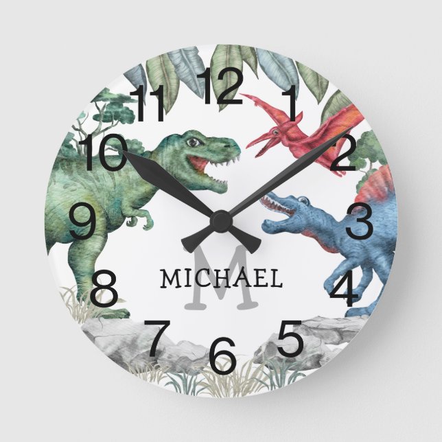 Horloge Ronde Nom du dinosaure pour enfants personnalisé (Recto)