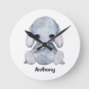 Horloge Ronde Nom Eléphant Personnalisé Aquarelle Moderne
