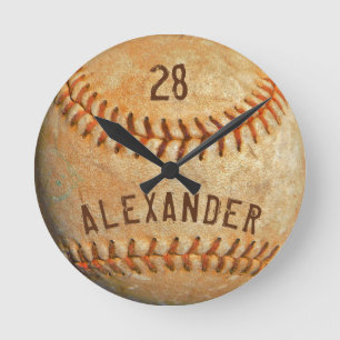 Horloge Ronde Nom et numéro personnalisés White Baseball Sports