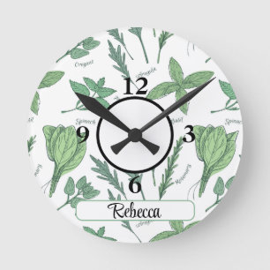 Horloge Ronde Nom, Green Leafy Vegs & Herbs 8 in Acrylique