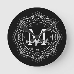 Horloge Ronde Nom monogramme Boho Mandala Black Silver