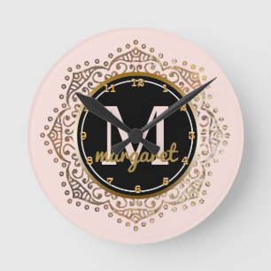 Horloge Ronde Nom monogramme   Boho Mandala Blush Pink Gold