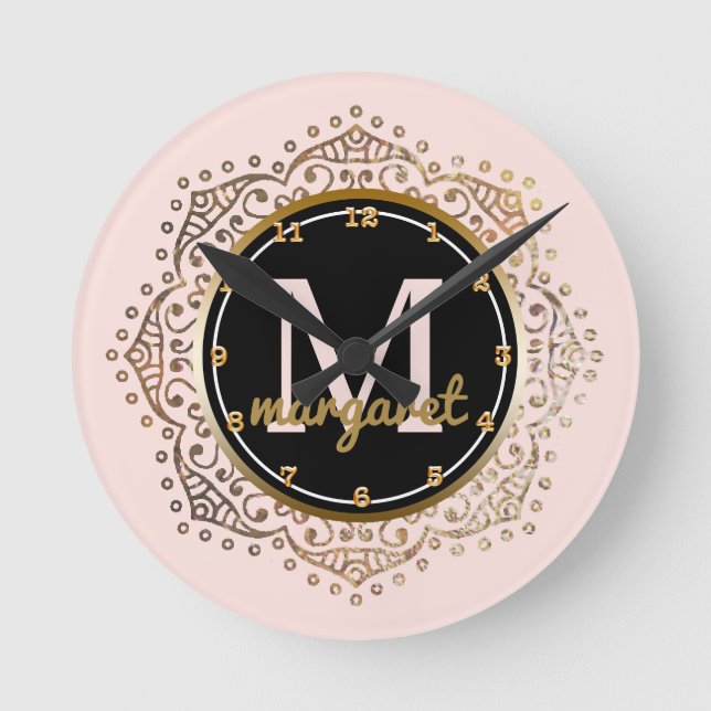 Horloge Ronde Nom monogramme | Boho Mandala Blush Pink Gold (Recto)