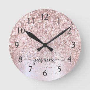 Horloge Ronde Nom Monogramme Métallisé Paillettes Rose Doré Élég
