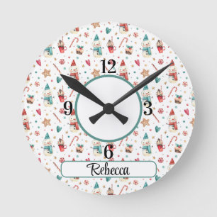 Horloge Ronde Nom, motif de bonhomme de neige coeurs bonbons en 