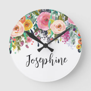 Horloge Ronde Nom personnalisé Boho Floral Bedroom Nursery Art