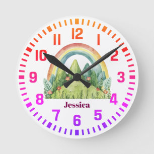 Horloge Ronde Nom personnalisé cool Aquarelle Arc-en-ciel et mon
