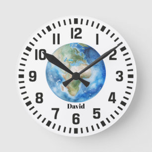 Horloge Ronde Nom personnalisé cool Aquarelle Terre Planète