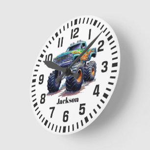 Horloge Ronde Nom personnalisé cool Camion Monster Bleu