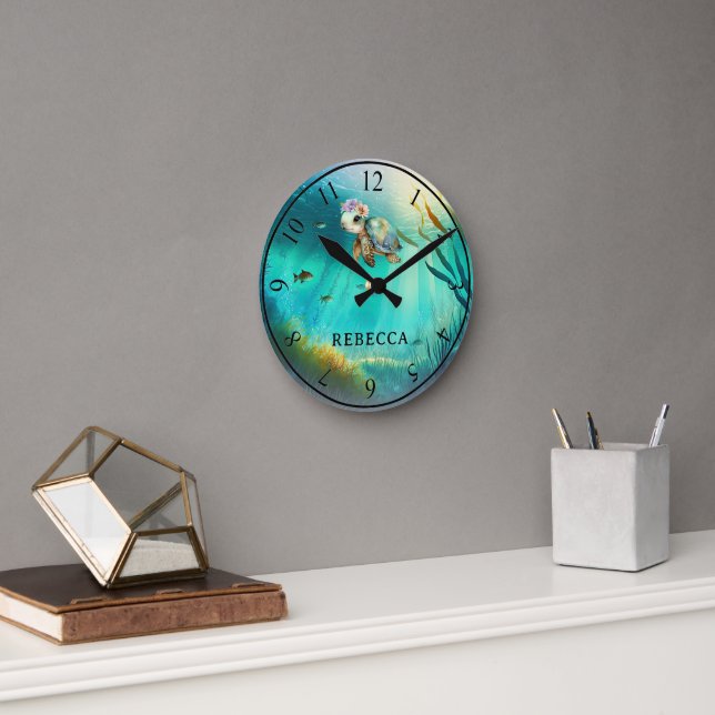 Horloge Ronde Nom personnalisé Cute Turtle Ocean Arrière - plan  (Bureau)