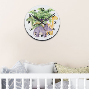 Horloge Ronde Nom personnalisé Dinosaures Palm Trees Nursery