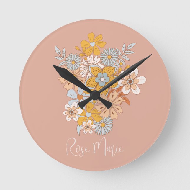 Horloge Ronde Nom personnalisé Floral Boho Nursery (Recto)
