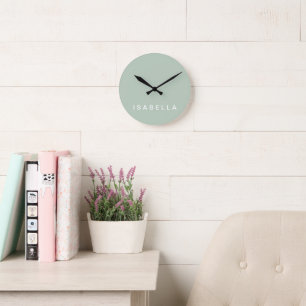 Horloge Ronde Nom personnalisé minimaliste moderne Sage vert