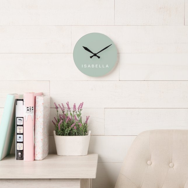 Horloge Ronde Nom personnalisé minimaliste moderne Sage vert (Salle de lecture)